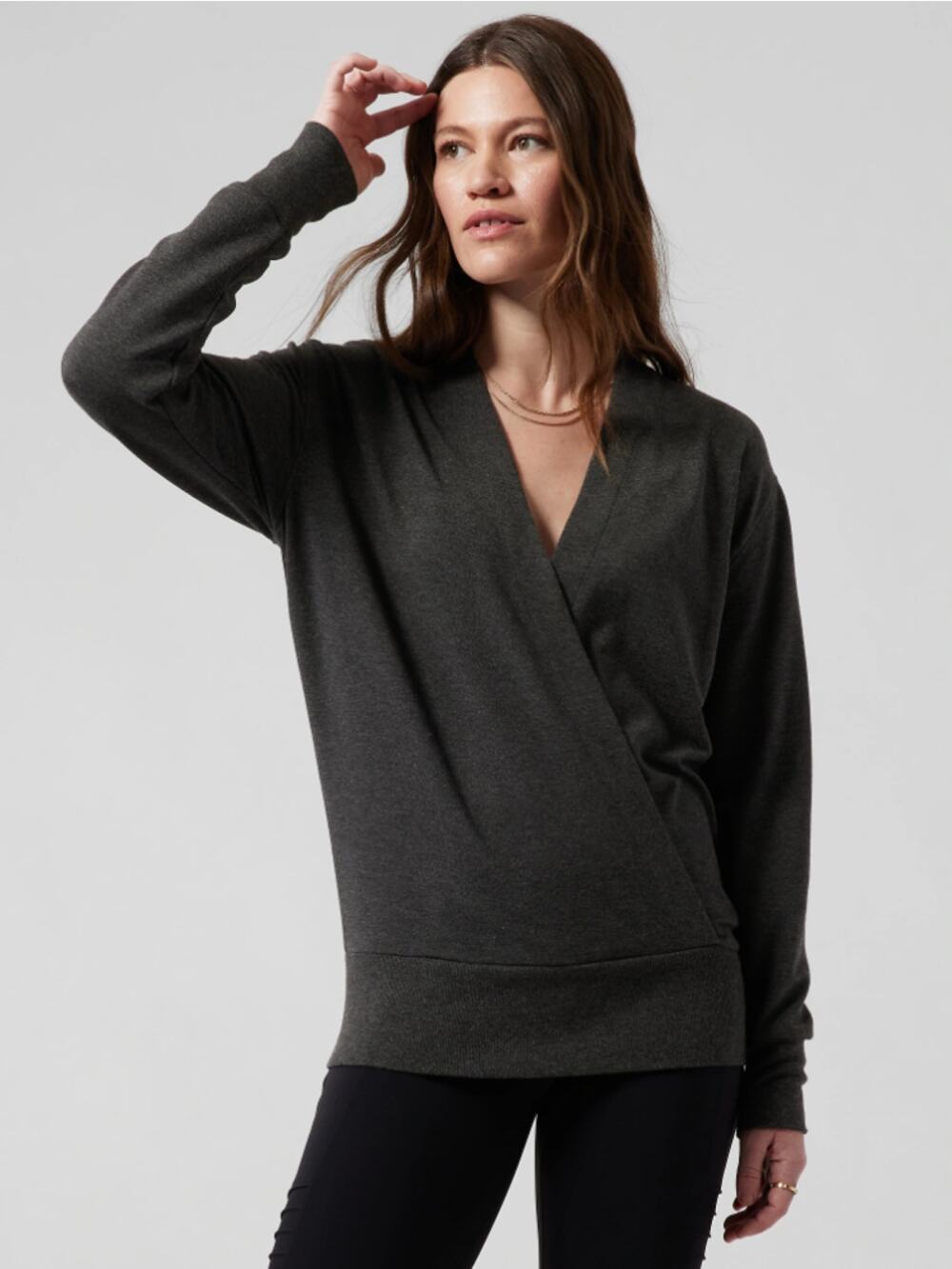 ATHLETA Purana V Neck Wrap Sweatshirt Dark Gray Model Fleece Size Small S